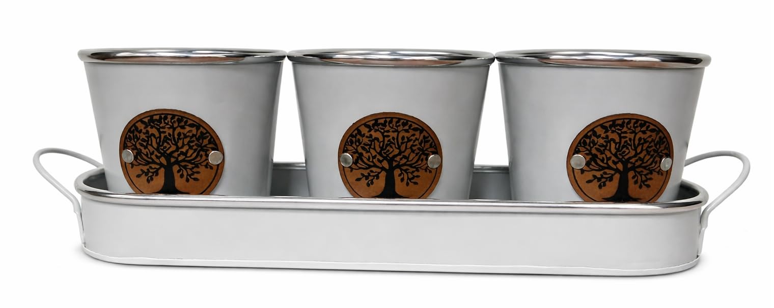 Set of 3 Metal Plant Pots with Tray Tree of Life Indoor Outdoor Planters Herb Pots Windowsill Flower Planters Steel Waterproof Decorative Garden Pots Sage Green Duck Egg Blue Grey (Grey)