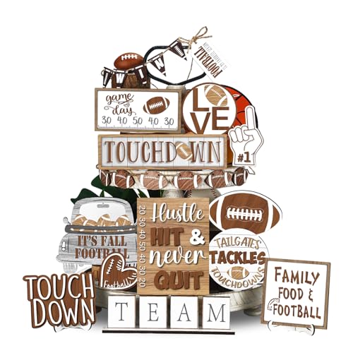 FairySandy 27 Pcs Football Tiered Tray Decor Farmhouse Decorations for Home Decor Rustic Wooden Football Ornament Table Centerpieces for Fans Club Home Supplies
