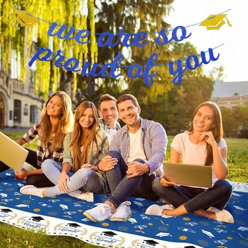 Image of Navy-Blue White-Gold Party-Decoration Graduation Banner - 8pcs Kits Cap Garland Streamers, Paper Tissue Pom Poms Flowers,We are So Proud of You Grad Graduation 2026 Decor Lasting Surprise