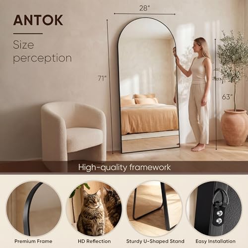 Image of Antok 71 inch x28 inch Arched Full Length Floor Mirror, Black Aluminum Frame, Free Standing /Wall Mount /Leaning for Bedroom, Living Room, Dressing Room