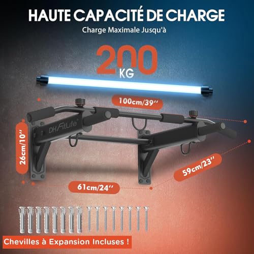 DH FitLife Barre de Traction 4 en 1 pour Montage Mural, Charge jusqu'à 200kg | Chevilles d'Expansion | Poignées Antidérapantes | Compatible avec Sac de Frappe & Entraîneur de Sangles – Image 3