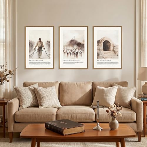 Image of KAIRNE Jesus Christian Framed Canvas Wall Art Set,Neutral Bible Verses Wall Decor,Modern Religious Scripture Art Prints,Christ Cross Empty Tomb Artwork for Living Room,Bedroom,Church,Office-16 x24 x3