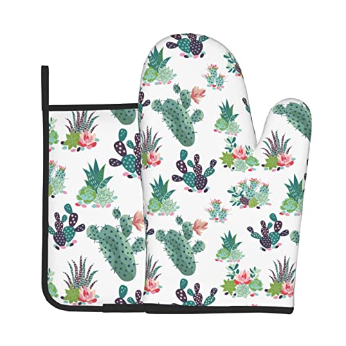 Cactus Flower Oven Mitts And Pot Holders Sets,Heat Resistant Oven Gloves With Hanging Loop For Safe Kitchen,Cooking,Baking,Grilling #TOP1