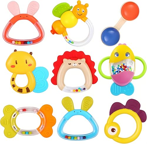 Image of MOONTOY 9pcs Baby Rattles 3-6 Months, Infant Teething Toys 3-6 Months, Teethers Baby Toys 6-12 Months Sensory Toys for Babies 3 4 5 6 7 9 10 Month Boy Girl Gifts