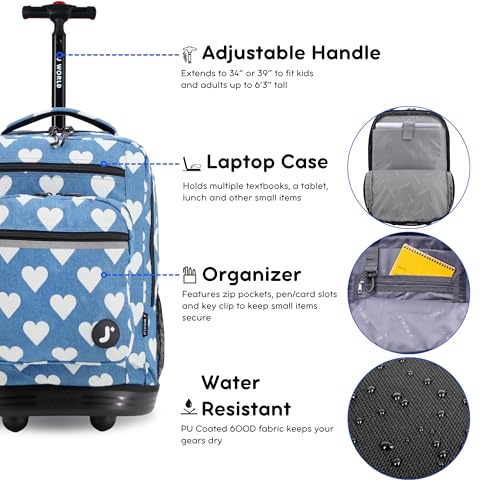 Image of J World Sundance Laptop Rolling Backpack for Girls Boys. Roller Bookbag with Wheels, 20 Inch, Demim Heart