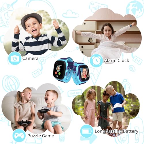 Image of 4G Kids Smart Watch with GPS Tracker Video Voice Calling Text Chat SOS Call, Waterproof Smartwatch Age 5-12, Wallpaper Store School Model Camera Pedometer Games Alarm Clock Stopwatch for Kids(Blue)