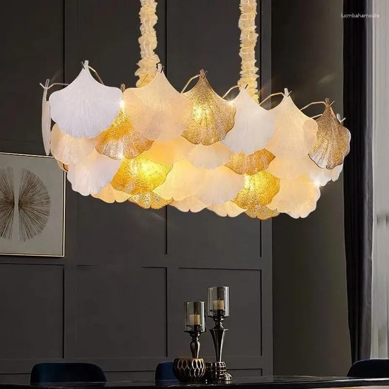 Image of 800 mm Modern Linear Ginkgo Leaf Chandelier for Living Room | Jhumar Light for Hall Ceiling | 3 Color Smart Lighting with Alexa Google Control | Dining Room Hanging Light Fixture
