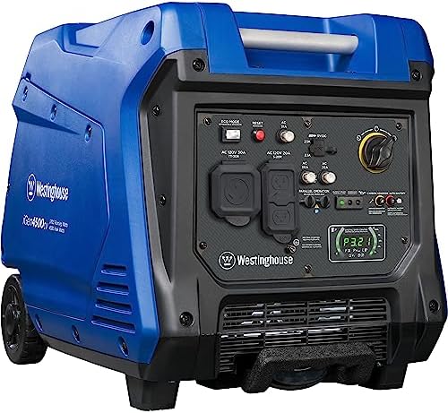 Westinghouse Outdoor Power Equipment 4500 Peak Watt Super Quiet Portable Inverter Generator, Wheel & Handle Kit, RV Ready 30A Outlet, Gas Powered, CO Sensor, Parallel Capable,Blue