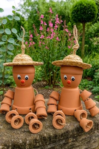 VELENTI Garden Decor Pots - Set Of 2 Clay Garden Ornaments - Terracotta Pot Man Bill and Ben Style - Lovely Outdoor Decor Accessories - Flower Pot Figurines for, Patio, Front Porch