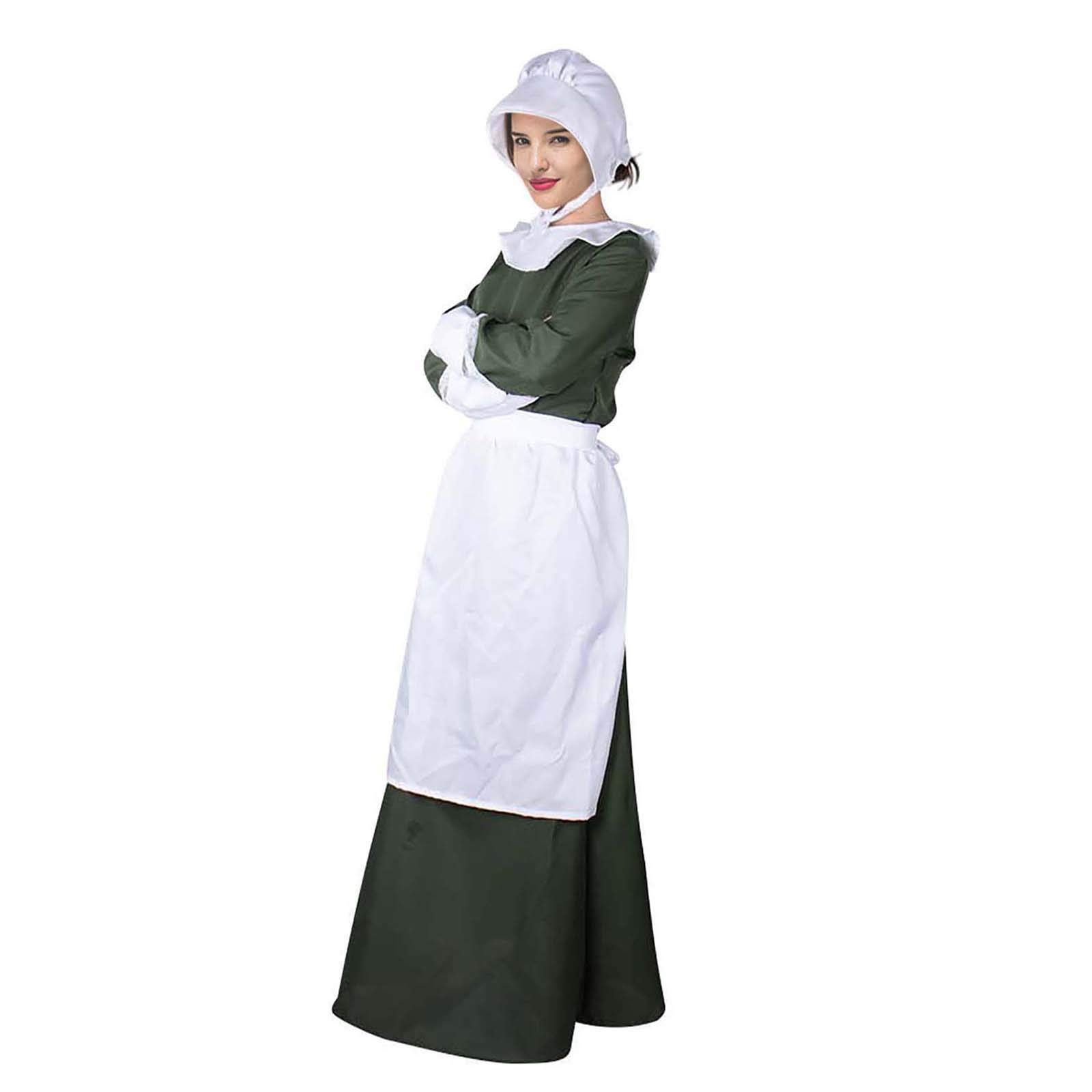 Women's Renaissance Pilgrim Maid Costume Settler Adult Lady Colonial Full Length Dress with Bonnet Apron Set