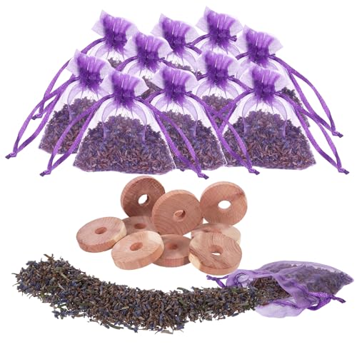 Saquitos de lavanda, madera de cedro, antipolillas, para armario, incluye 10 saquitos de lavanda y 20 anillos de madera de cedro, bolsas perfumadas de lavanda para armarios, coches