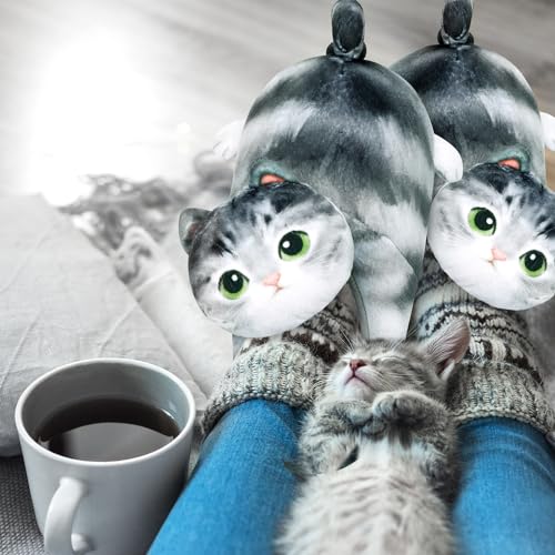 Cute Fuzzy Cat Slippers for Women Indoor and Outdoor, Funny Animal Winter Warm Memory Foam House Slippers, Gifts for Women and Cat lovers3