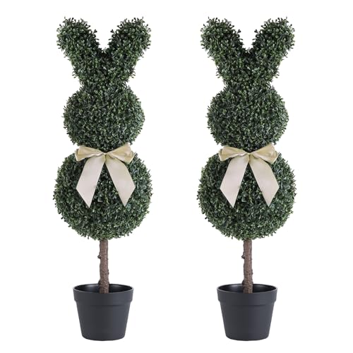 24" Faux Boxwood Plants Outdoor, Topiary Trees Artificial Shrubs Outdoors Set of 2, UV-Resistant Fake Potted Plants Realistic Faux Evergreen for Outdoor Planters Front Porch Patio Decor 2ft