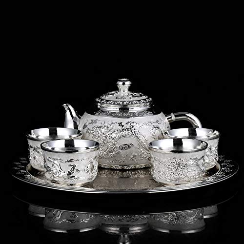 WANZPITS Tea Set Portable Chinese Retro Dragon and Phoenix Silver-Plated Tea Set Gift Including Teapot Teacup Tea Tray SilverSilver