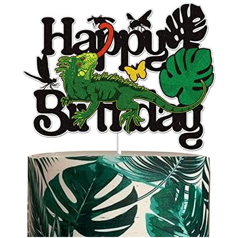 Lizard Happy Birthday Cake Topper Green Glitter Iguana Chameleon Pet Birthday Cake Decorations Reptile Safari Animal Themed Party Supplies Cover