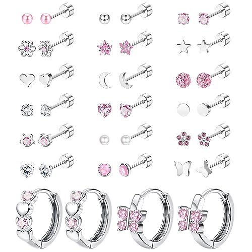 LOYALLOOK Screw Back Earrings Stud for Women Surgical Steel Hypoallergenic Cartilage Stud Earrings Tiny Opal CZ Screwback Flat Back Stud Earrings Cute Heart Hoop Earrings Set 20G Over 3 Years Old