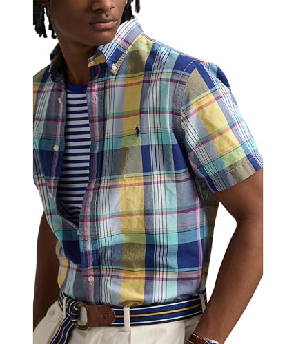 Image of POLO RALPH LAUREN, Mens, Classic Fit Plaid Oxford Shirt, Navy /Yellow Multi, X-Large