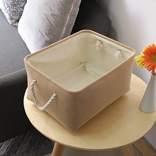 Collapsible Canvas Fabric Storage Bin Basket with Rope Handles (Beige, XLarge)