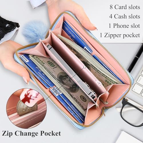 Women's Wallet, Large Capacity Zip Around Wallet Credit Card Holder Long Clutch Wristlet Purse with Wrist Strap4