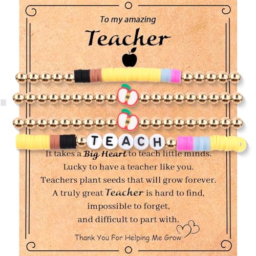 2-4Pcs Teacher Appreciation Gifts for Women Teacher Letter Polymer Clay Bracelets Apple Round Bead Bracelet With Message Card Teachers Day First Day of School/Back To School Graduation Gifts (Yellow)