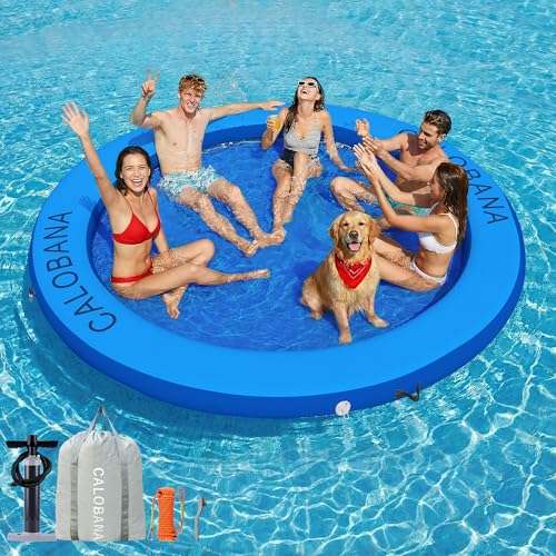 CALOBANA 8ft Heavy Duty Floating Ring Round Inflatable Dock Water Hammock River Floats Lake Raft Island Platform for Adults Party Tanning Pool Dark Blue