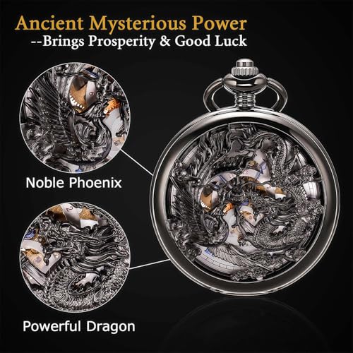 Image of ManChDa Antique Mechanical Pocket Watches for Men Lucky Dragon Phoenix Pocket Watch with Chain Skeleton Dial Roman Numerals Gifts for Fathers Day
