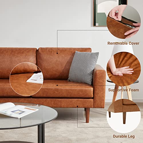 Kingfun 65" Faux Leather Loveseat Sofas For Living Room, Small Sofa Couches For Small Spaces Bedroom With Solid Wooden Frame And Padded Cushion, Mid Century Modern Decor Love Seats Furniture (Brown) #TOP4