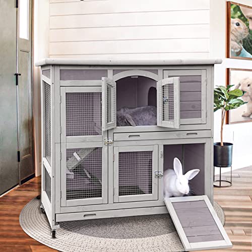 GUTINNEEN Rabbit Hutch Indoor Outdoor Bunny House Guinea Pig Cage on Wheel with Plastic Tray-47inch