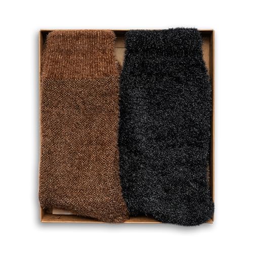 Image of RAFRAY Winter Socks - Warm Fluffy Women's Socks in Gift Box - Calf-Length - 2 Pairs - Brown & Black - Size US W 5-9.5