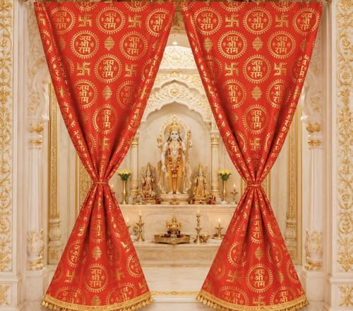 Image of Jai Shree Ram Printed Mandir Puja Curtain, Red and Gold, 2.5 Feet x 30 Inch, Set of 2