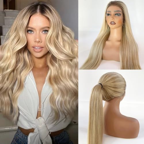 Image of Ombre Blonde Highlight Lace Front Wig Human Hair for White Women, 180% Density 13x6 Lace Frontal Pre Plucked with Baby Hair Straight Natural Real Remy Wear and Go Glueless Wigs 16 Inch