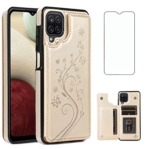 Asuwish Phone Case for Samsung Galaxy A12 with Tempered Glass Screen Protector Card Holder Wallet Cover Stand Flip Leather Cell Accessories Glaxay A 12 12A samsunga12case Cases Women Golden
