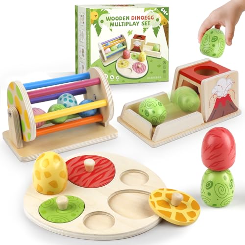 Image of Weilim Montessori Toy Wooden Baby Toy Dinosaur Egg Toy, Spinning Drum, Object Permanence Box Ball Drop Toy, Stacking Matching Shape Puzzle Game Early Learning Gift Christmas Birthday for Toddlers