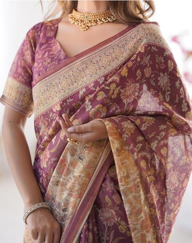 Image of SIRIL Women's Cotton Linen Kalamkari Printed Handloom Saree with Unstitched Blouse Piece