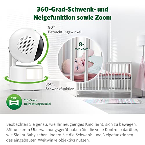 Leap Frog LF915HD videobabyfoon, kantel/draaibare camera, 5-inch HD-kleurendisplay, temperatuur/vochtigheidssensor, groothoeklens, intercomen, nachtzichtmodus, zoom, nachtlampje, wandmontage, wit - Afbeelding 4