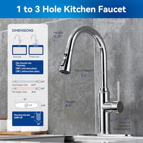 Kitchen Faucet with Pull Down Sprayer, Chrome Faucet for Kitchen Sink Stainless Steel Kitchen Faucets, Single Handle 1 or 3 Hole Faucet with Escutcheon for RV, Outdoor, Laundry & Utility Room Sink - Image 3