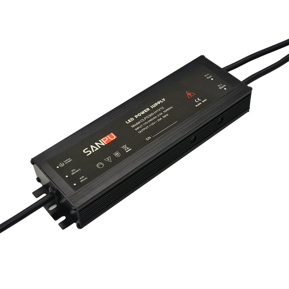 Waterproof LED Strip Power Supply 12VDC 300W 25A IP67 Constant Voltage AC-DC 12V Lighting Transformer 12 Volt LED Driver (SANPU CLPS300-H1V12)