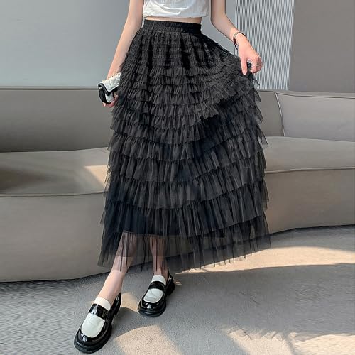 Summer Lovely Cake Layered Elastic Waist Tulle A Line Women Maxi Skirt4
