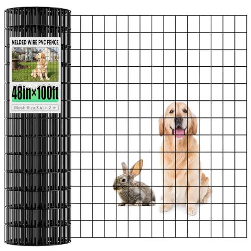 Garden Fence Black PVC Coated Welded Wire Fencing 48 Inch x 100 Foot, 2 Inch x 3 Inch 16GA, Garden Border Fencing Roll Vinyl Coating Metal Wire Mesh for Yard Vegetable Plant Protection Poultry Netting