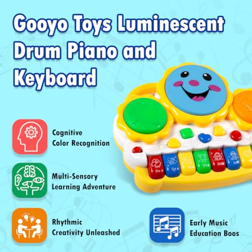Image of Gooyo GY-88034 Musical Drum & Electronic Piano Keyboard Toy with Animals Sounds Flashings Lights & Music | Piano Keyboard Toy for Kids | Yellow | 3xAA Battery (Not Included) | Gift Box Packaging