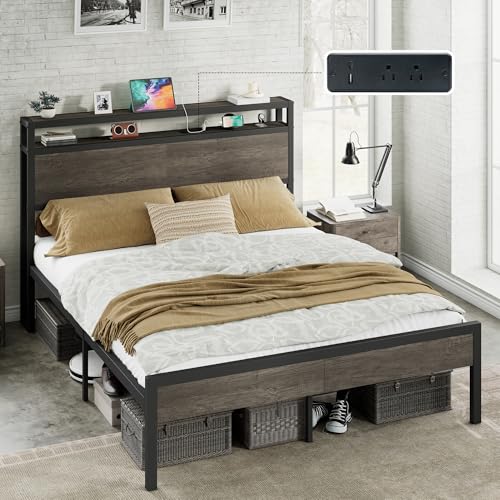 Image of AMERLIFE Queen Size Platform Bed Frame with Charging Station