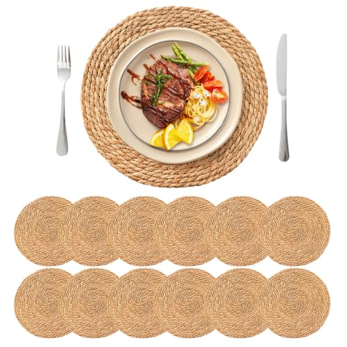 Image of 13.8'' Round Woven Placemats Set of 12, Boho Rattan Chargers for Dinner Plates, Rustic Wicker Place Mats, Straw Braided Table Placemats, for Dining Table Decor, Wedding, Farmhouse and Home Decor
