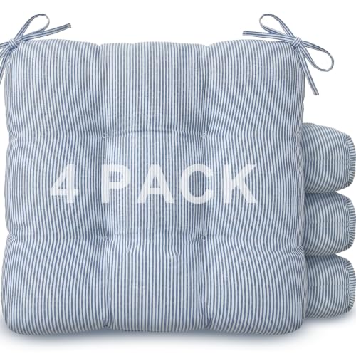 Geetery Blue and White 4 Pack Ticking Stripe Chair Cushions with Ties, 16"x15" Reversible Indoor Chair Pads for Dining Chairs, Soft Kitchen Seat Cushions for Home Office Living Room by Geetery - Used condition - US$37.43