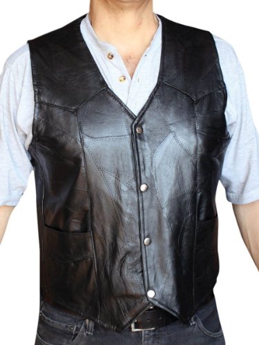 Men's Motorcycle Vest Genuine patchs Leather Black Syle 950P
