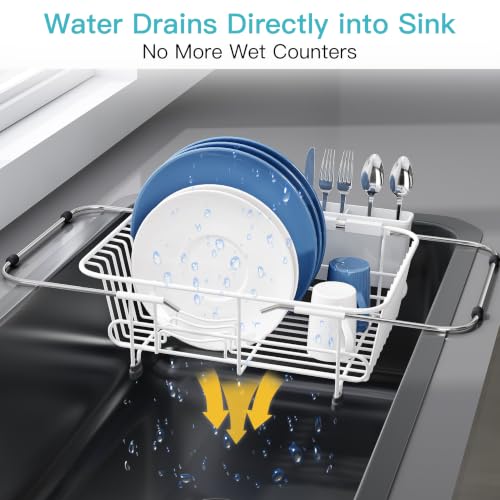 Image of JASIWAY White Dish Drying Rack in Sink with Utensil Holder, RV, Apartment