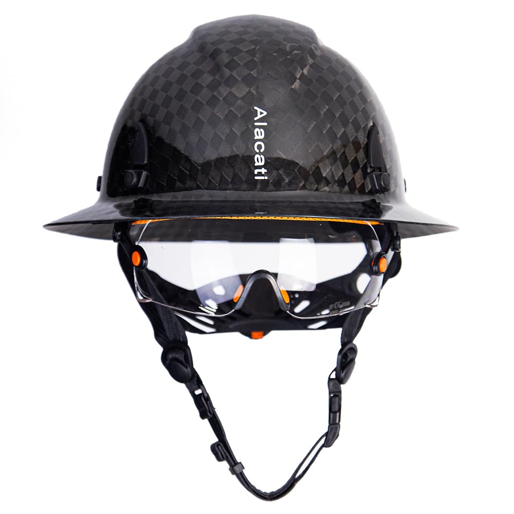 AlacatiCarbon Fiber Hard Hat Full Brim with Goggles- Safety Helmet with 6-Point Adjustable Ratchet Suspension- ANSI Z89.1 Compliant