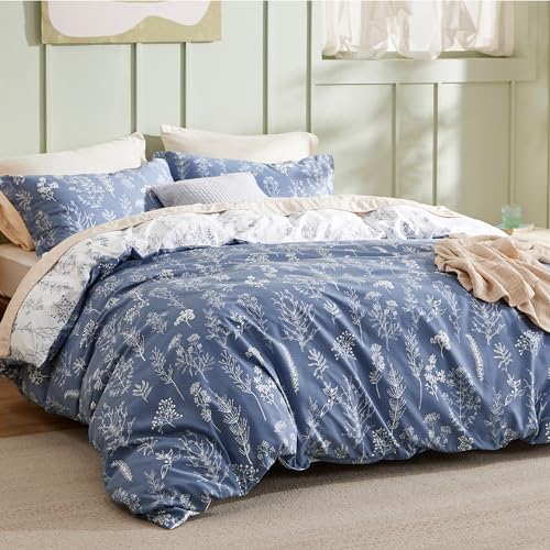Image of Bedsure Duvet Cover Queen Size - Reversible Infinity Blue Queen Duvet Cover Set with Zipper Closure, 3 Pieces Cute Floral Patterned Bedding Set with 8 Corner Ties and 2 Pillow Shams