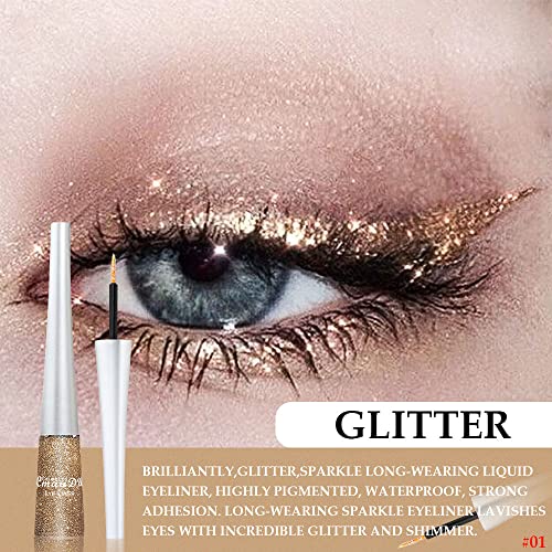Evpct 2Pcs Gold Champagne Gold Color Liquid Glitter Eyeliner Sets Eyeliner Glitter Liquid Liners For Women Liquid Sparkly Glitter Eyeliner Delineador Con Glitter De Colores Para Ojos Colores 01+14 #TOP1