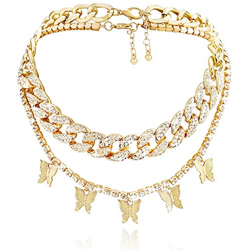 Uooker Retro Schmetterling Anhänger Halskette Kristall Kette, Halsreif mit Funkelndes Schmetterlingsquasten, Bling Hip Hop Schmuck, Verstellbar Schlüsselbein Ketten, Geschenk für Damen und Mädchen Cover