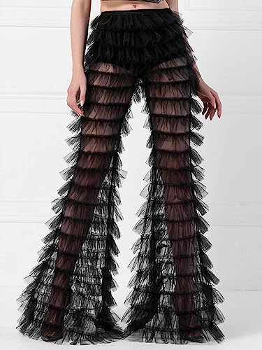 Women's Tiered Ruffled Long Pants Sheer Mesh Multi Layer Wide Leg Pants Flare Tulle Cover Up Pants Beach Wear2